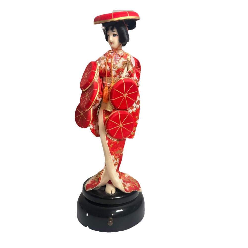 Vintage Japanese Geisha Doll Music Box Red Silk Kimono Rotating Musical Decor - Picture 2 of 6